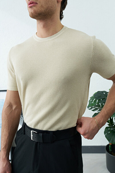 İLKCET MODA Ανδρικό μπλουζάκι από πλεκτό βελούδινο μπεζ βασικό πλεκτό ύφασμα