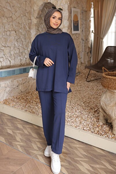 İmajButik Light Navy Blue Slit Tunic Pants Set