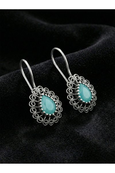Roza Silver 925 Ayar Gümüş Aventurin Taşlı Elişi Geleneksel Damla Telkari Küpe
