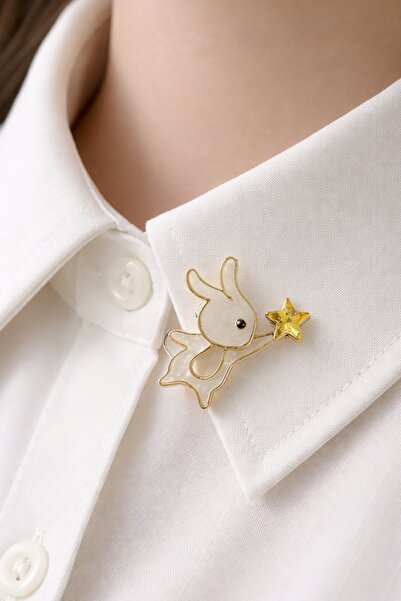 TAKIŞTIR Beyaz Renk Tavşan Figürlü Taşlı Broş