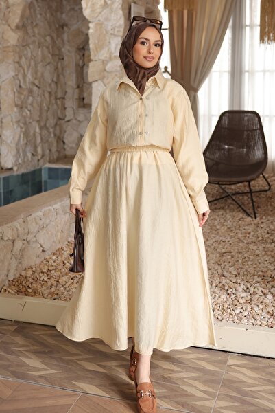 İmajButik Beige Buttoned Shirt and Skirt Set