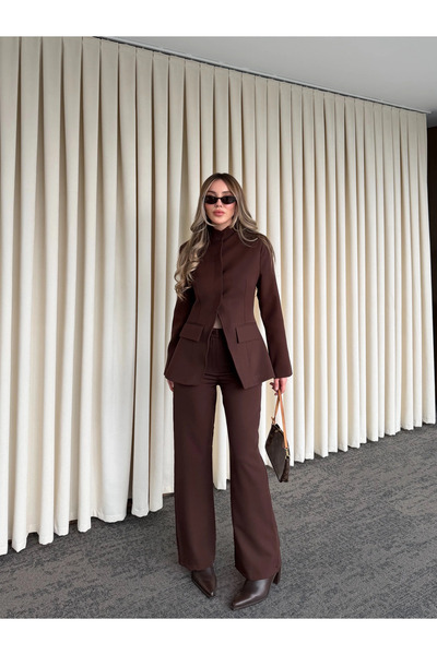 Laluvia Brown Hakim Collar Jacket and Pants Set - 7100