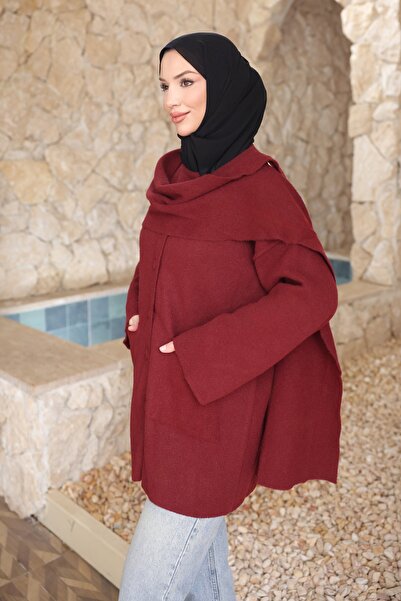 İmajButik Burgundy Shawl Detailed Buttoned Angora Cardigan