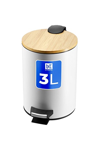KADAX Small 3L Bamboo Bathroom Waste Bin with Pedal, Matte White