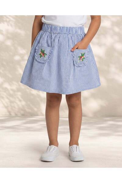 REDTAG Girls Blue Striped Seersucker Embroidered Skirt