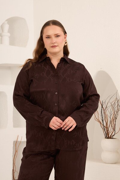 RMG Yılan Leather Si Patterned Large Size Women's Shirt Brown