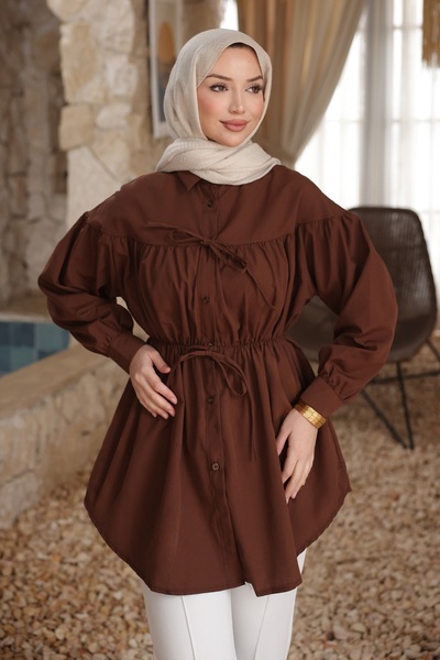 İmajButik Brown Elastic Waist Buttoned Shirt