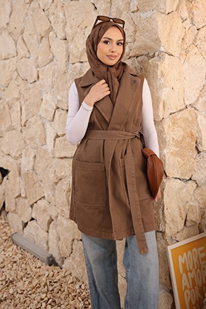 İmajButik Mink Belt Li Pocketed Gabardine Vest