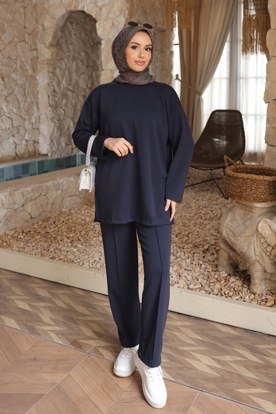 İmajButik Lacivert Yanı Yırtmaçlı Tunik Pantolonlu Takım