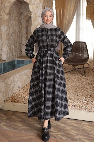İmajButik Black Plaid Patterned Belted Dress