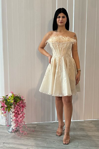 Always Dress Kısa işleme ve tüy detaylı elbise