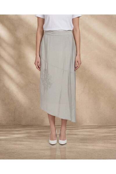 REDTAG Women Grey Embellished Asymmetric Midi Skirt