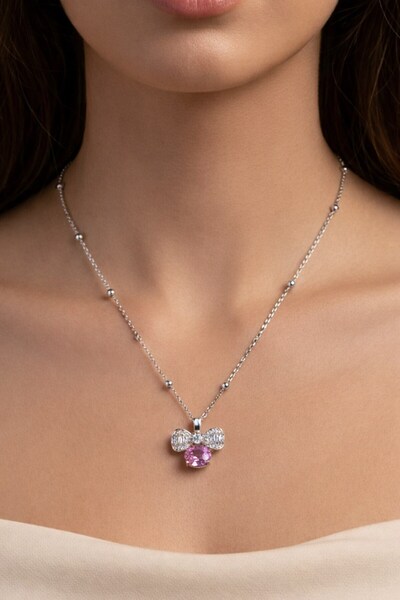 X-Lady Accessories Gümüş Renk Pembe Fiyonk Model Top Zincir Çelik Kolye - 3855