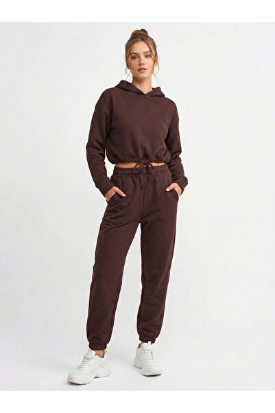 NEW JOURNAL Women's Brown Hooded Elastic Waist Brushed Inside Bottom-Top Trac...