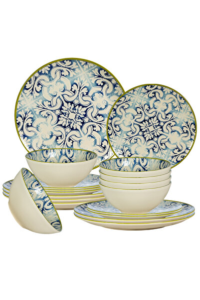 Cesiro Set of 18 Plates for 6 Persons, Stoneware, Ivory with Blue Decor