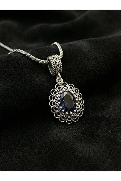 Roza Silver 925 Ayar Gümüş Safir Taşlı Elişi Geleneksel Oval Telkari Kolye