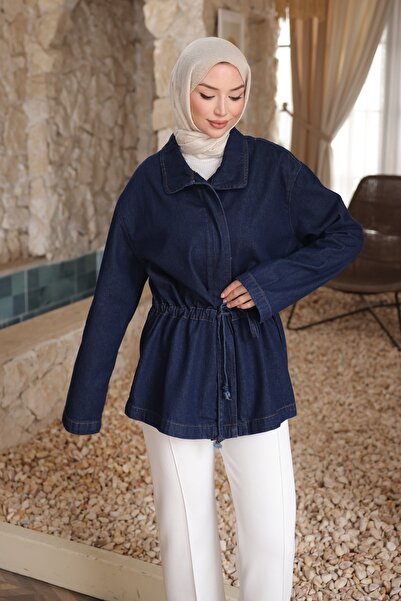 İmajButik Navy Blue Bel Ruched Denim Jacket