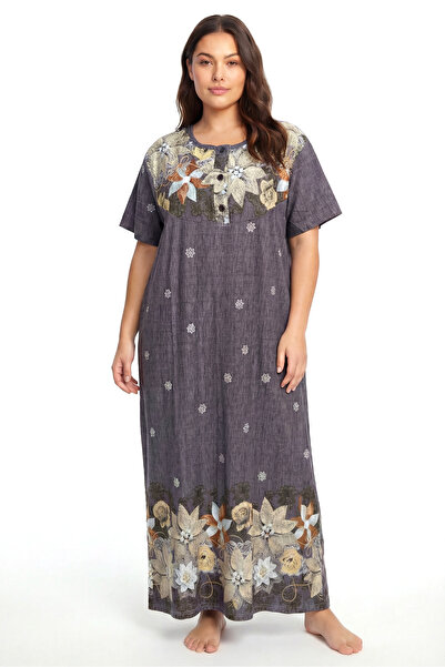 Akbeniz Μεγάλο μέγεθος Με φλοράλ μοτίβο Κοντομάνικο νυχτικό Mother σε καφέ χρώμα