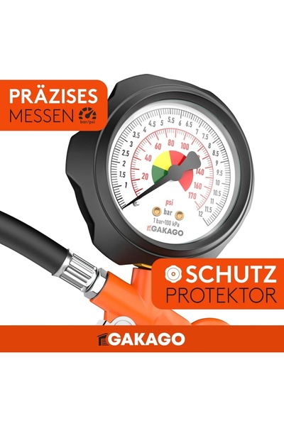 Gakago Pistol de umflat cu manometru, Portocaliu/Negru, 0-12 bar, 45 cm