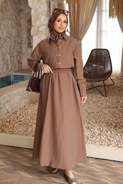 İmajButik Kahverengi Düğmeli Gömlek Etekli Takım