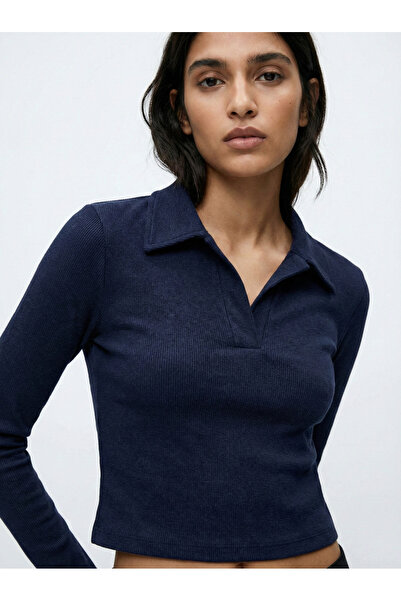 NEW JOURNAL Women's Navy Blue Polo Collar Short Blouse Nj114