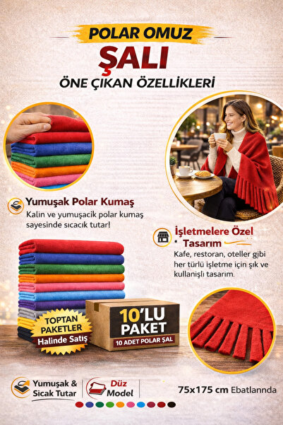 cartzen Polar Omuz Şalı 75x175 cm 10’lu Paket – Kafe Restoran Otel İçin Kalın...
