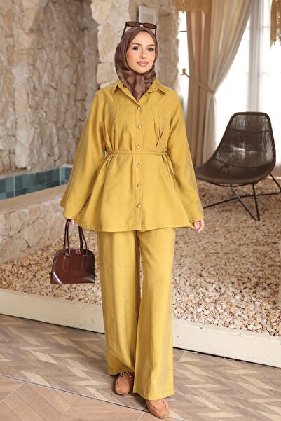 İmajButik Mustard Bel Tie-Detail Tunic with Trousers TENCEL™ Modal Set
