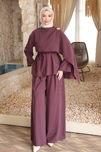 İmajButik طقم قماش مودال قطعة مع سترة بلون البرقوق وبنطلون