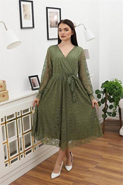 Dipmoda Ženska haljina sa detaljima vezanja Čipka RSSN619 - Kaki