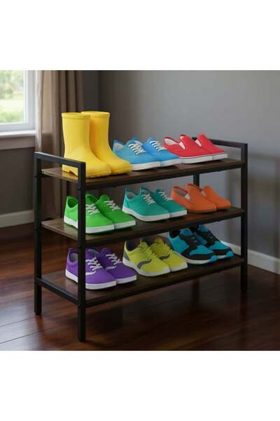 Iso Multifunctional Loft Style Shoe Rack - Metal Stand with Wooden Shelves, 7...