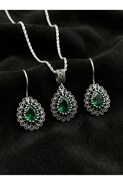 Roza Silver 925 Ayar Gümüş Zümrüt Taşlı Elişi Geleneksel Damla Telkari Kolye-...