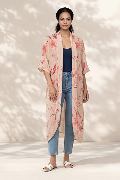 REDTAG جاكيت كيمونو طويل للنساء بنقشة زهور الخوخ