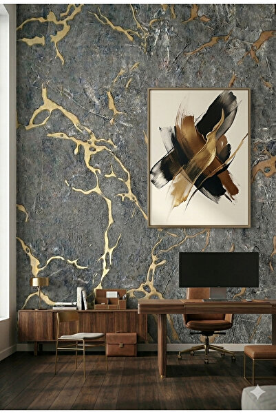 Oskar mermer desenli antrasit Gold detaylı duvar kağıdı 16 metrekare