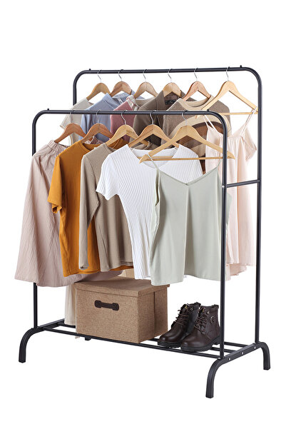 Lawazim Double Clothes Rack Black Iron Garment Hanger with Shelf 110x54x154.5 cm