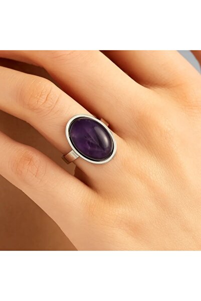 ZODIACOOL Inel Ametist, piatra ovală, oțel inoxidabil, reglabil pe mai multe ...