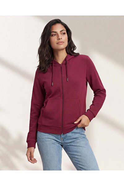 REDTAG سويت شيرت نسائي بغطاء رأس رأس وسحاب باللون العنابي