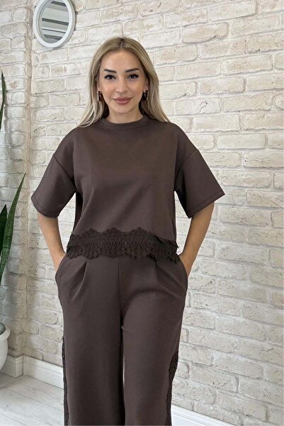 Muna Boutique Avelis Brown Lace Detailed Tracksuit - Special Design Soft-Text...