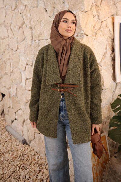 İmajButik Khaki Belt Detail Melton Coat