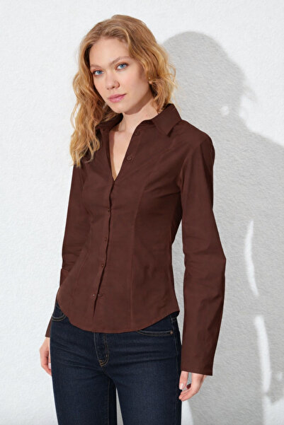 EDITION WOMAN Acı Kahve Bel Oturtmalı Spanish Sleeve 100% P Cotton Shirt |   ...