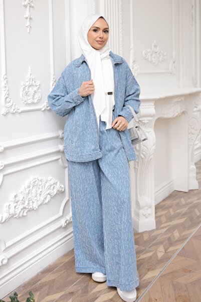 İmajButik Blue Laser Cut Denim Jacket and Trousers Set
