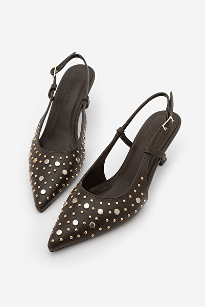 Marjin Дамски обувки с висок ток, заострени върхове, шипове отзад и кафяв цвя...