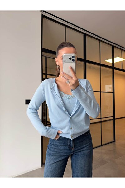 BB Bensu Buyruk Lace Inner Cardigan Set Blue