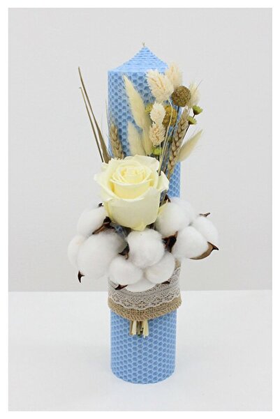 PRICHINDEL Baptism Candle, Immortal, Made of Wax, with Cotton Flowers, Blue, ...