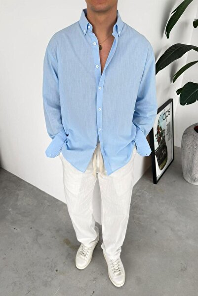 HAFKAGİYİM Plava prevelika košulja od svežeg platna