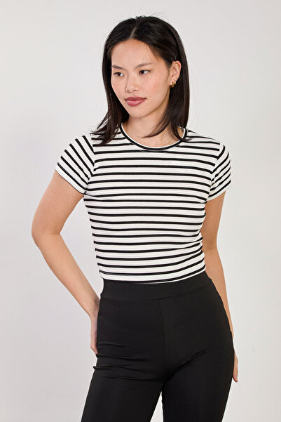 BARRELS AND OIL Women's short sleeve Striped Corded Fabric bodysuit - white/b...