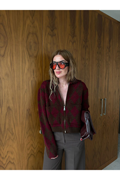 begum mayda Acıkahve & Bordo Baklava Desenli , Dik Yakalı , Fermuarlı Triko H...