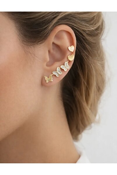Erdem 3 lü çift çoklu küpe gold kelebek kalp