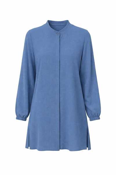 ECK MODA قميص نسائي من قماش إيروبين بأزرار مخفية وتفاصيل شق جانبي وأكمام مطاطية