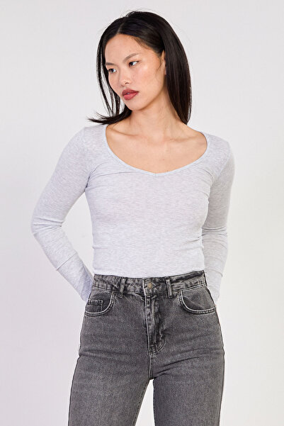 BARRELS AND OIL Women's Long Sleeve V-Neck Body - Snow Melange