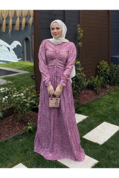 QALVE Desenli Piliseli Şifon Elbise Pembe